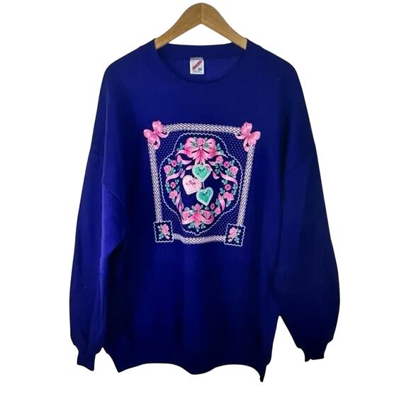 Jerzees Vintage Sweatshirt Purple Crewneck 3X Hearts Roses Ribbon‎ Excellent - Picture 1 of 5